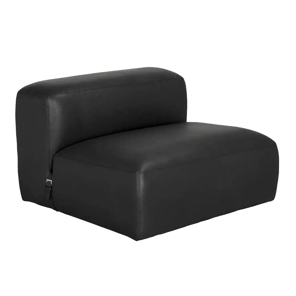 A Modular Black Leather Belted Sofa with a low backrest, armless design, and wide cushioned seat is displayed individually against a plain white background.