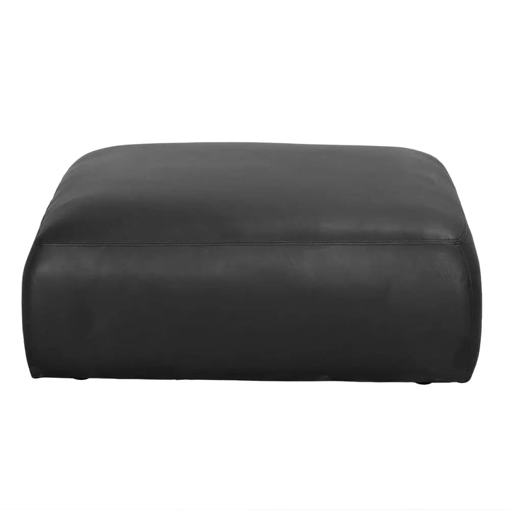 The Modular Black Leather Belted Sofa features smooth, rounded edges and a minimalist design in a large, rectangular shape. Shown solo against a white background; various configurations are available upon request.