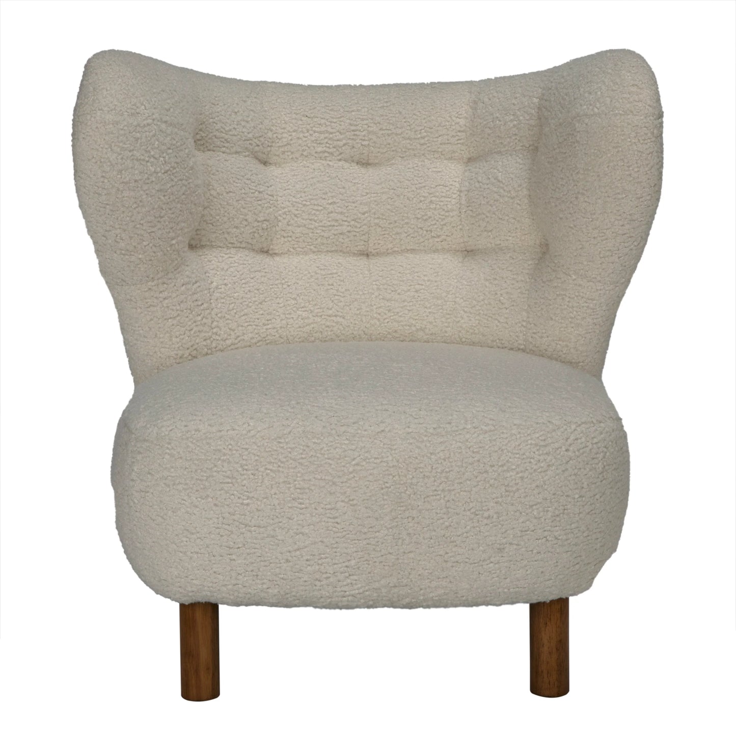 A front view of the Sherpa Occasional Chair—a modern, plush cream armchair with a textured tufted back, wide curved sides, short wooden legs, and measuring 31"W x 30"D x 31"H.