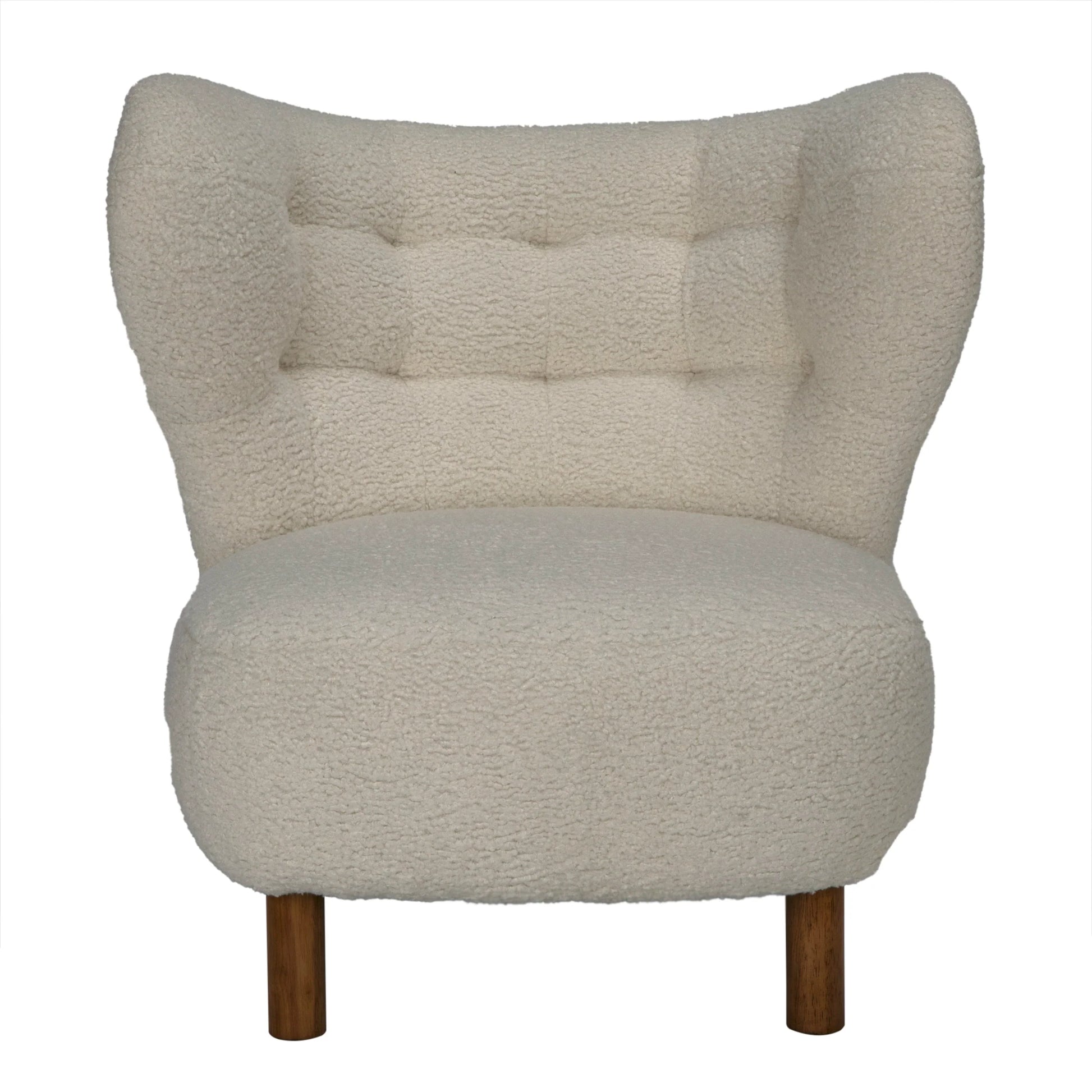 A front view of the Sherpa Occasional Chair—a modern, plush cream armchair with a textured tufted back, wide curved sides, short wooden legs, and measuring 31"W x 30"D x 31"H.