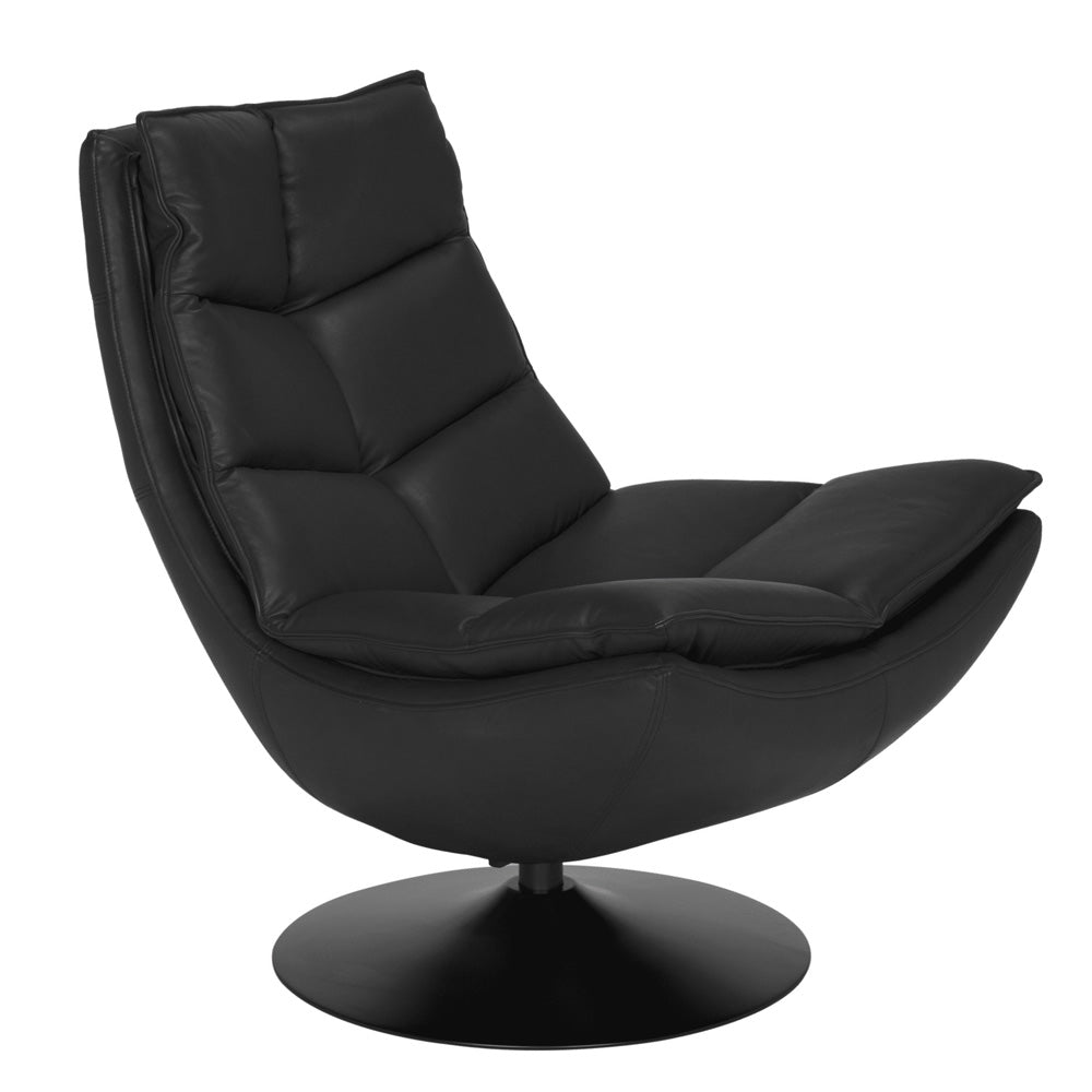 The Dante Swivel Chair features modern black top-grain leather, a padded angular backrest and seat, and a single round pedestal base.
