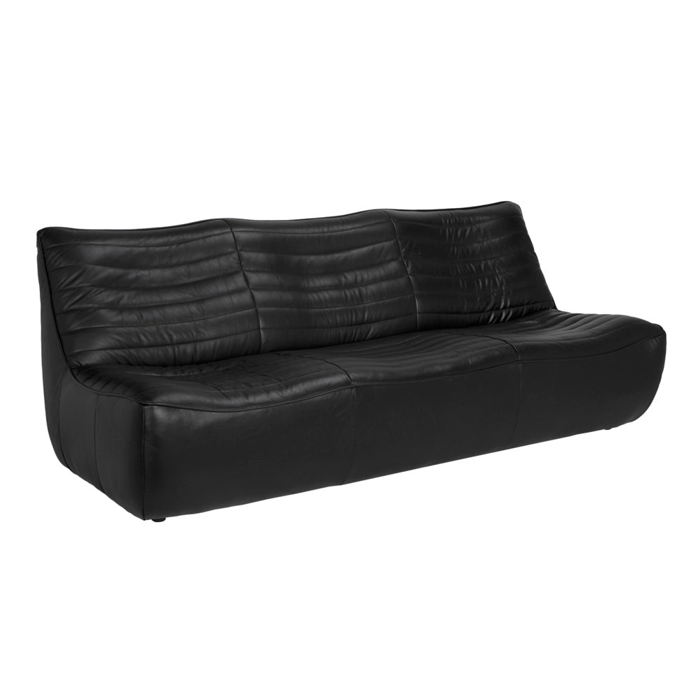 The McClain 3 Seater is a modern black leather sofa with a low backrest, deep seats, soft cushioned upholstery with horizontal stitching, and a sleek minimalist design featuring rounded edges.