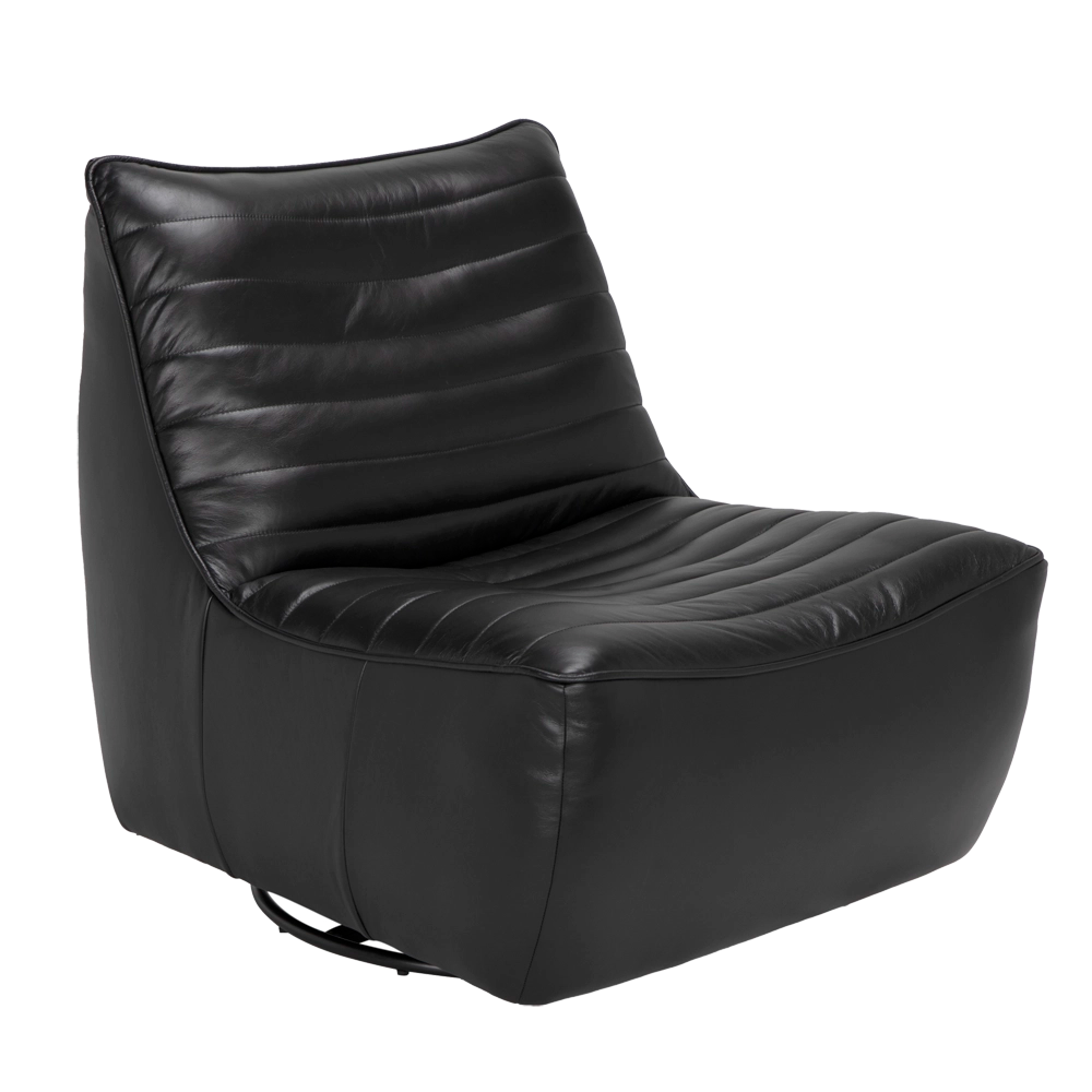 The McClain Swivel Single Sofa, armless and upholstered in smooth top grain leather with horizontal seat and backrest stitching, creates a sleek focal point against a white backdrop—ideal for modern living rooms.