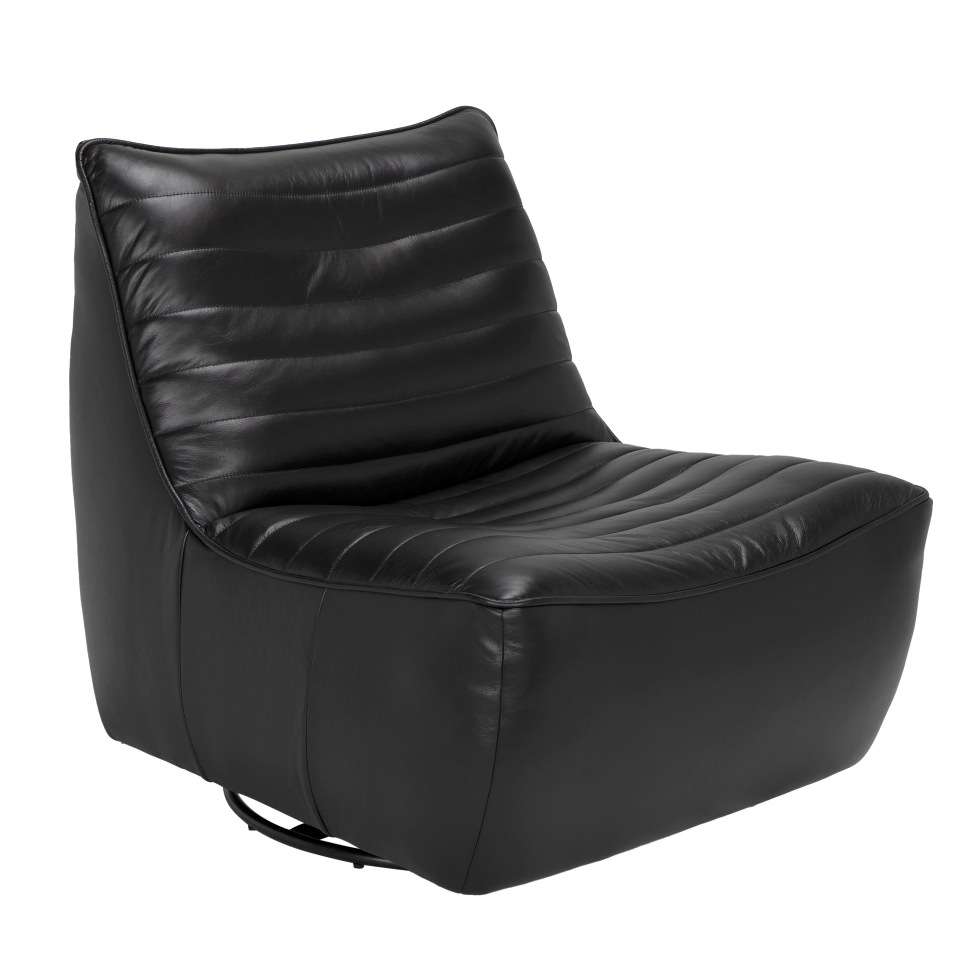 The McClain Swivel Chair is a modern, armless lounge chair in smooth black leather with a low, wide seat, horizontal stitching on the backrest and seat, and measures 32W x 36D x 32H.