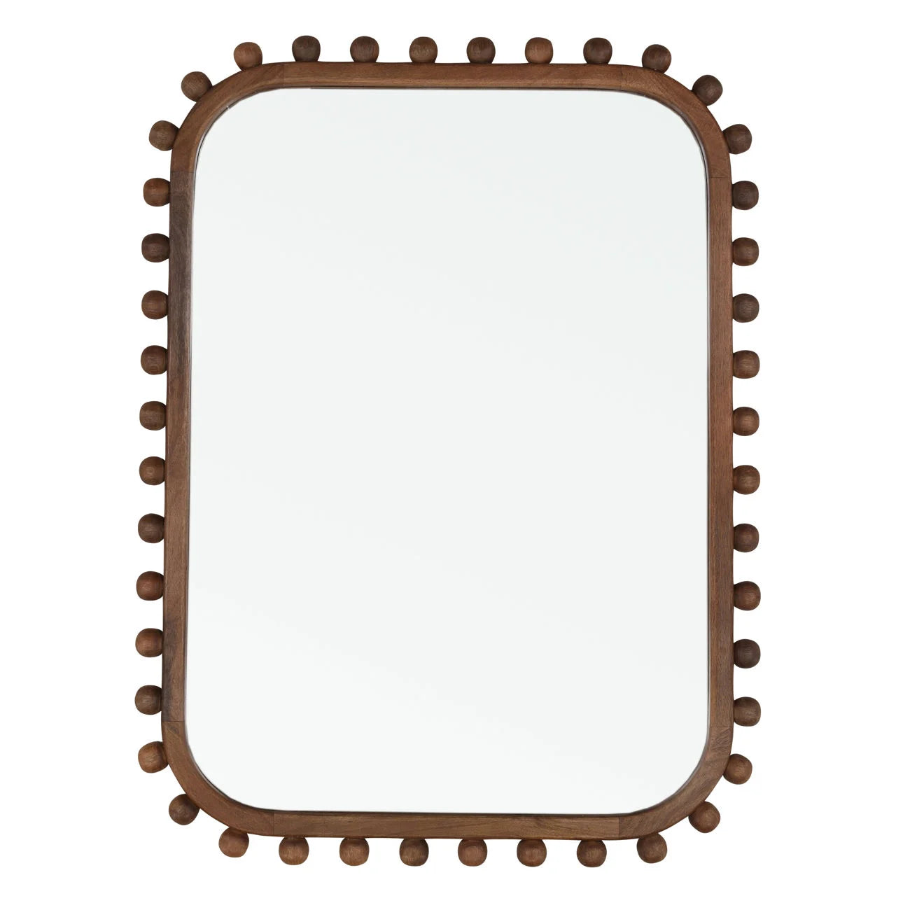 The Mango Wood Mirror features a dark wood frame with evenly spaced spherical knobs, and its rounded-rectangle shape measures 35"W x 47"H—making it a stylish and functional wall art piece for any room.