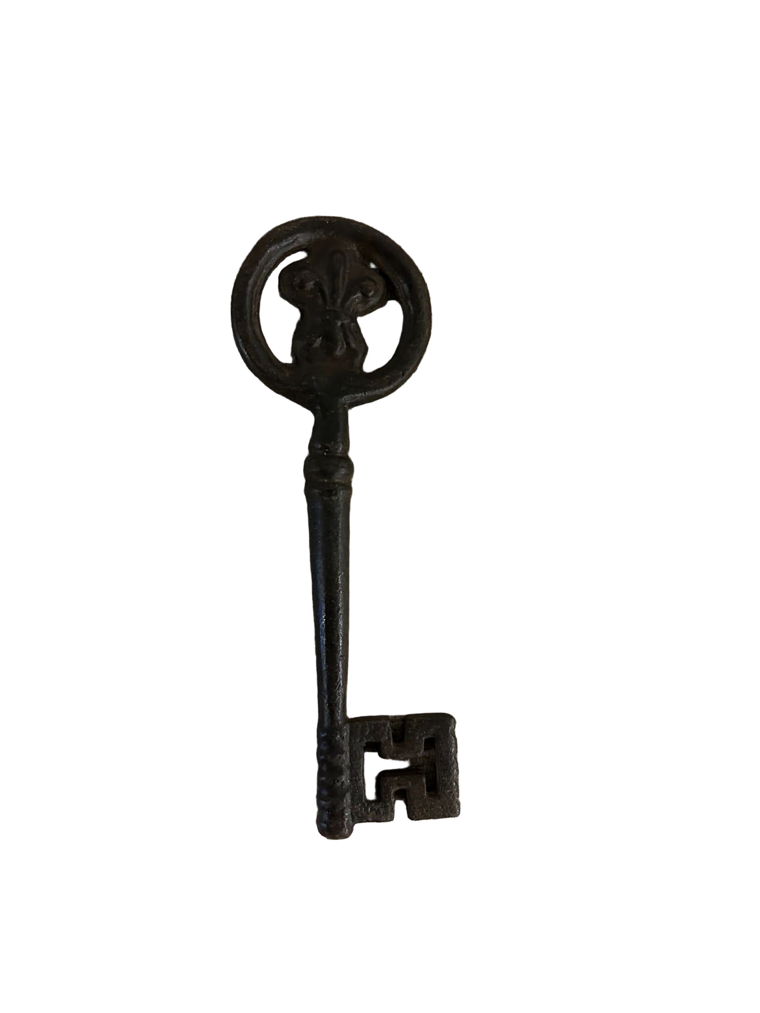 The XL Skeleton Key is a vintage metal key featuring an ornate circular bow and a rectangular bit, measuring 8x2.5 inches, shown isolated on a white background.