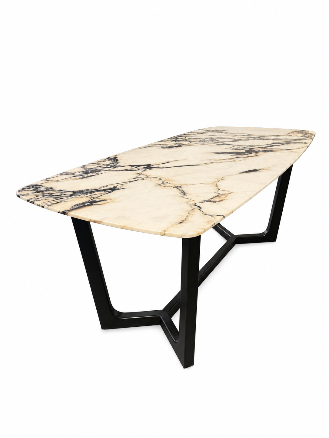 A modern 70.75″W Calacatta Style Dining Table with a rectangular marble top featuring dark veins, supported by two black, angular metal legs—an elegant addition to any office furniture collection.