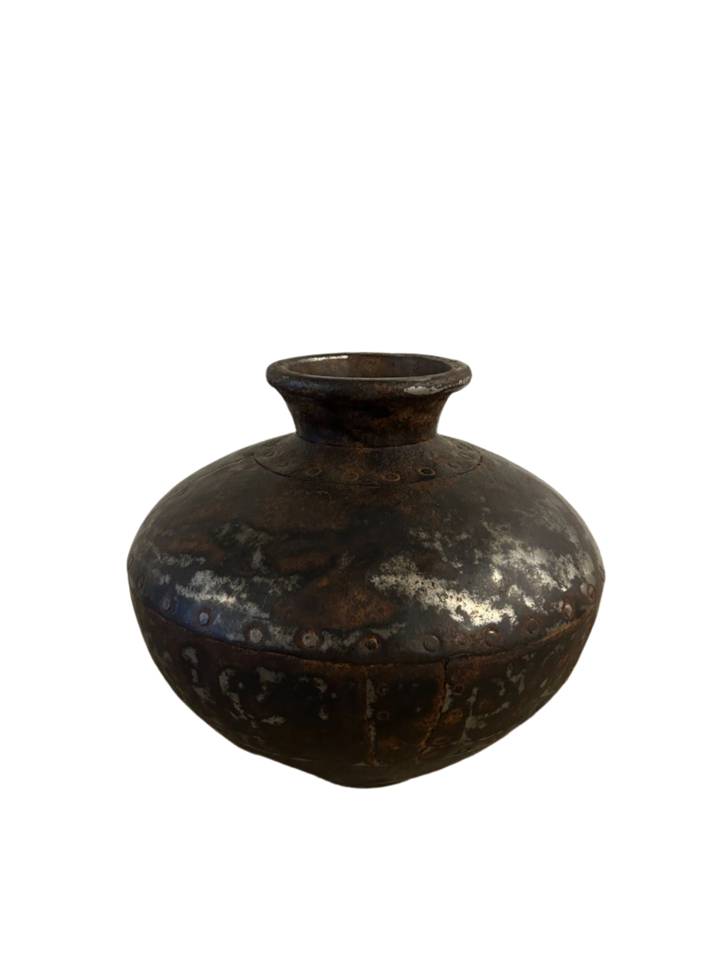 The Brown Acid Wash Metal Vase is a round, wide metal pot with a narrow neck and rustic weathered finish, showing dark brown and silvery patches. Size: 13"W x 11"H. Shown isolated on a white background.