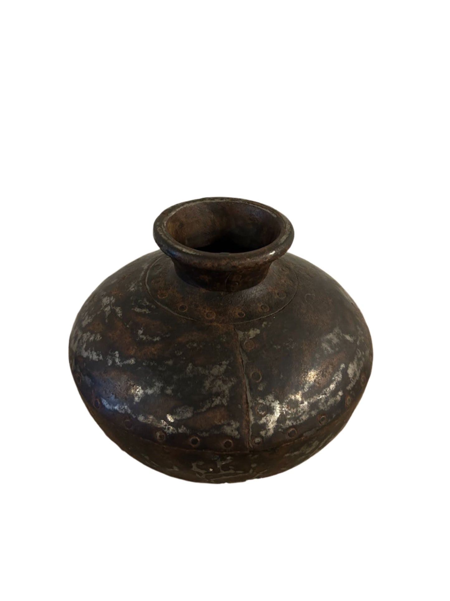 The Brown Acid Wash Metal Vase features a round, dark brown metal body with a wide base, narrow neck, and flared rim, visible oxidation and wear. Dimensions: 13"W x 11"H. Displayed against a white background.