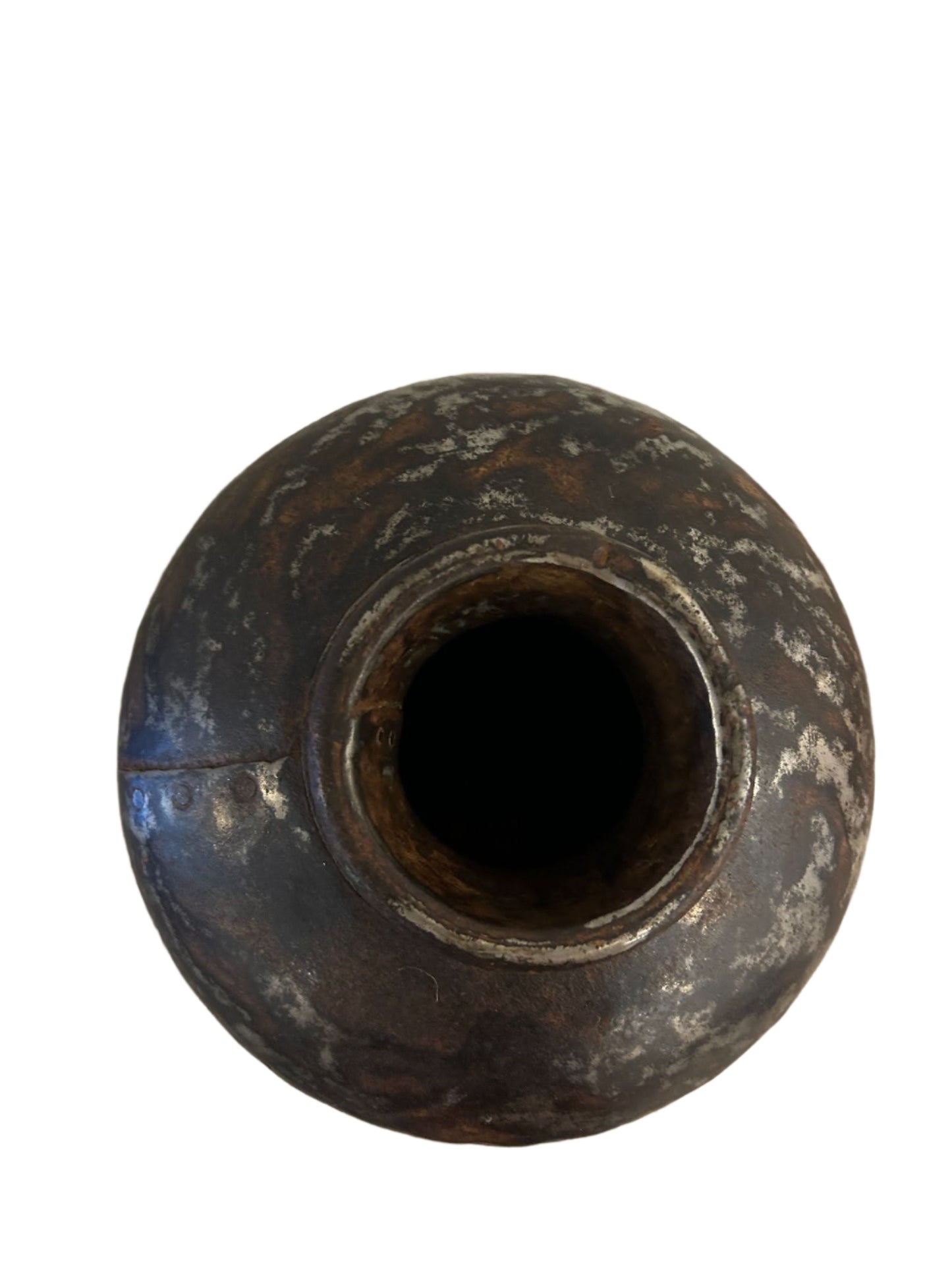 Top view of the Brown Acid Wash Metal Vase, round with a wide opening and dark brown weathered finish featuring lighter patches. Overall dimensions: 13"W x 11"H. Displayed against a plain white background.