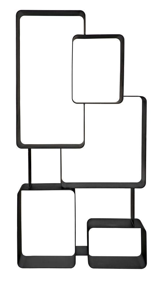 The Larra Bookcase is a modern, minimalist black metal shelf featuring five asymmetrical rectangular sections. Its subtle welding marks add unique character, showcasing skilled craftsmanship among handmade metal bookcases.