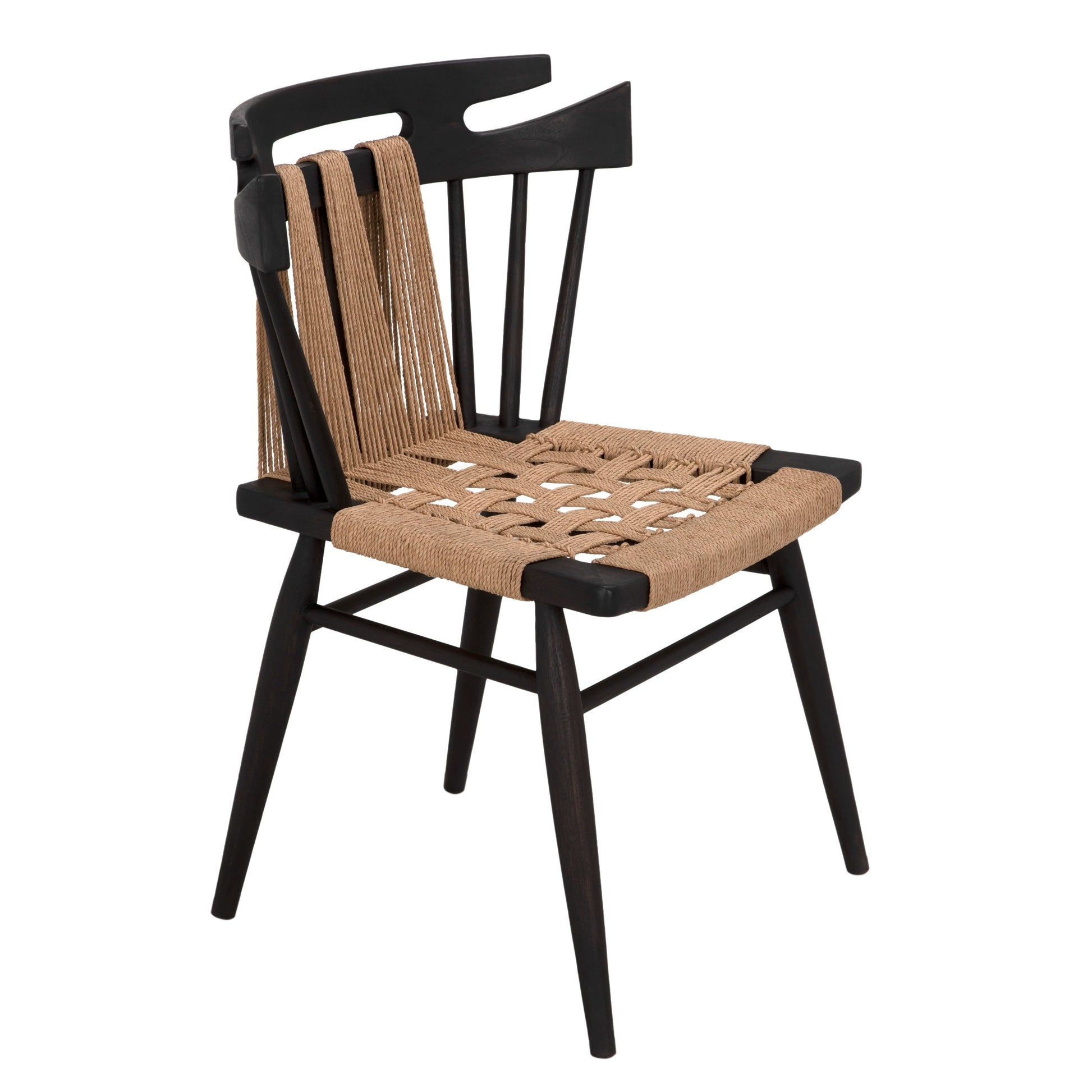The Black Wood & Woven Chair features a unique open-back black wood frame and a tan woven rope seat with loose strands draping over the backrest. Dimensions: 24W x 20D x 32H.