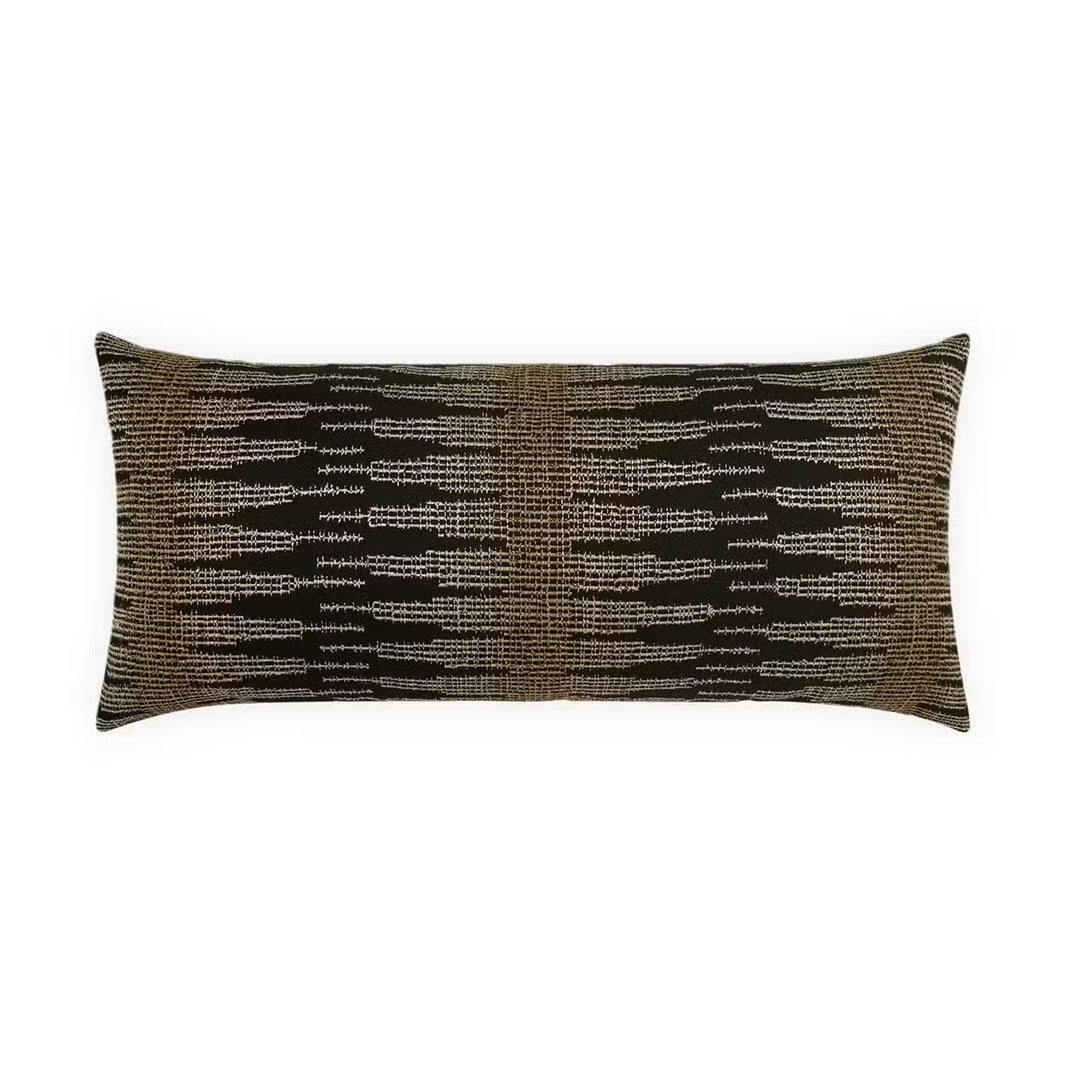 Cocoa Lumbar Pillow — a rectangular black pillow measuring 12 x 24 inches, featuring a modern geometric pattern of horizontal lines in beige and white for a textured look. Filled with deluxe angel hair insert material, it offers exceptional softness and comfort.