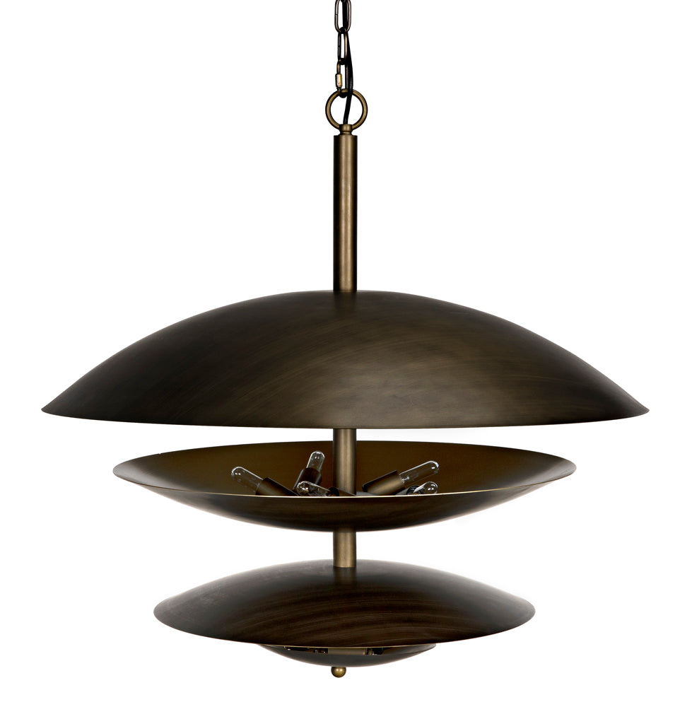 The Chandelier Two Tiered Metal with Aged Brass Finish features two disc-shaped layers suspended by a chain, with an artisan design that leaves bulbs visible between the tiers for a modern, contemporary look.
