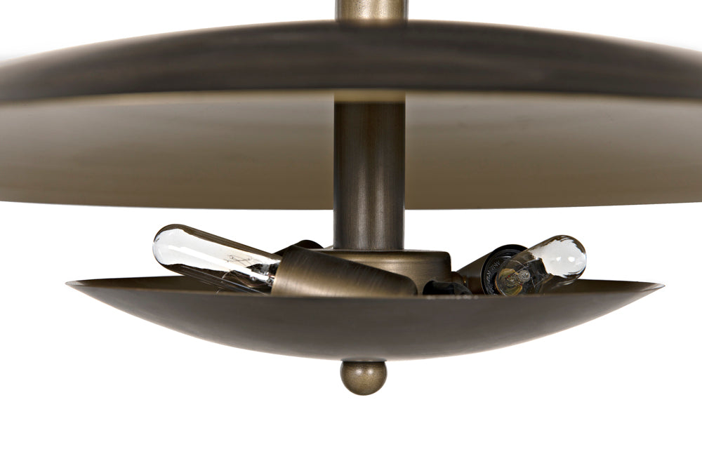 Close-up of the Chandelier Two Tiered Metal with Aged Brass Finish, featuring two exposed tubular bulbs mounted horizontally between circular plates on its underside.