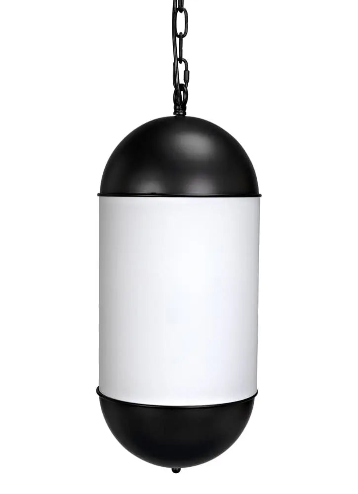 The Opal Pendant is a modern capsule lighting fixture with dome-shaped black iron ends, a frosted glass cylinder center, and a suspension chain.