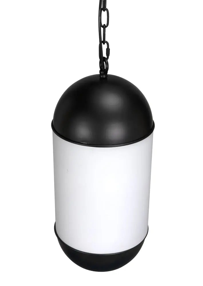 The Opal Pendant is a modern black iron light featuring a cylindrical shape with dome top and bottom, a white center section, and hangs elegantly from a sturdy black metal chain.