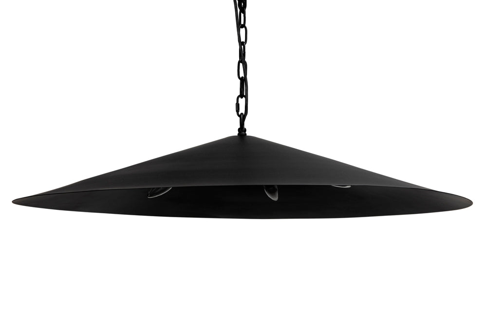 The Matte Black Industrial Pendant features a modern, matte black finish and a wide, shallow conical shade hanging from a black chain, providing stylish accent and functional lighting against any backdrop.