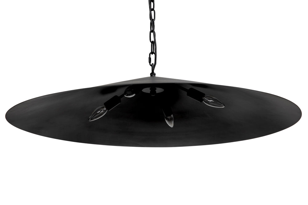 The Matte Black Industrial Pendant features a wide, flat circular metal shade and three exposed bulbs suspended from a black chain, providing functional, modern lighting for any space.