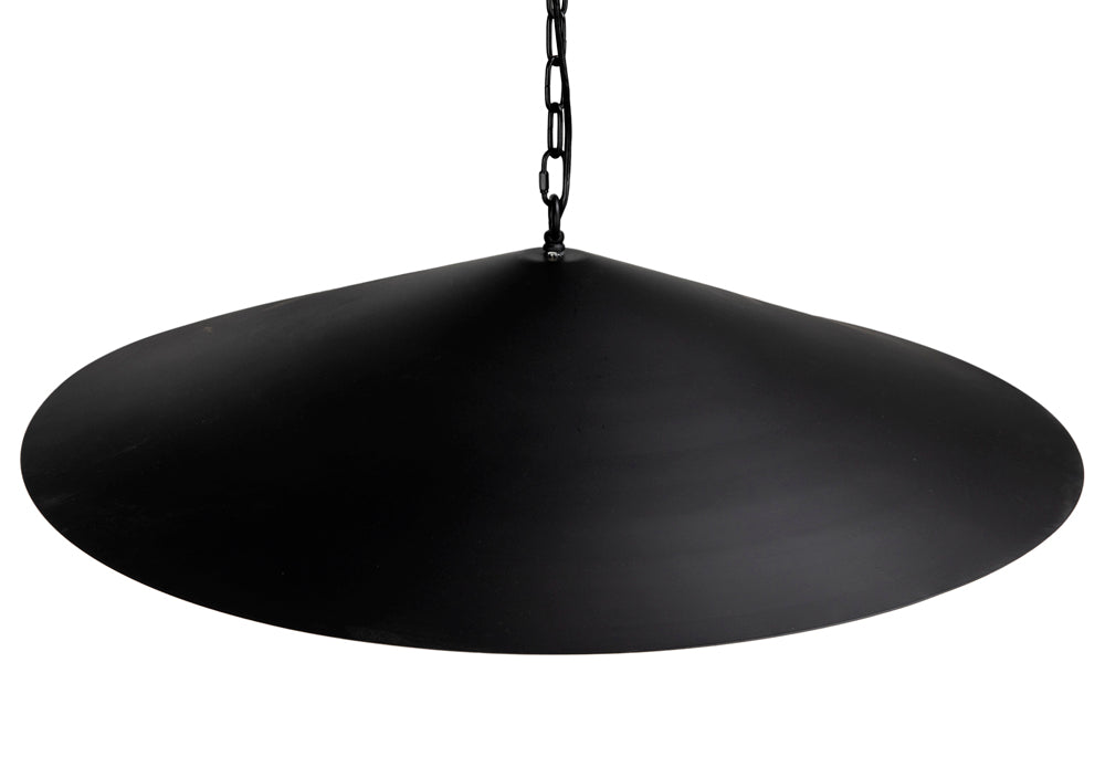 The Matte Black Industrial Pendant, a wide cone-shaped shade hanging from a metal chain, adds a stylish accent and functional lighting against a white background.