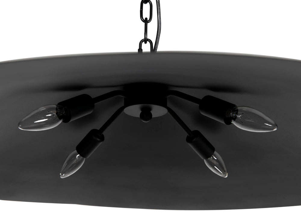 Close-up of the Matte Black Industrial Pendant featuring four exposed bulbs in a radial design, suspended from a chain—a functional and stylish lighting accent for any space.