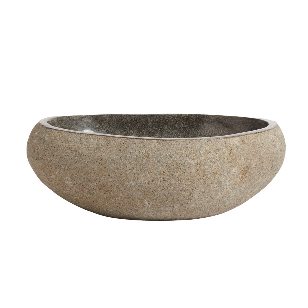 The Organic Riverstone Bowl features a round, shallow design with smooth edges and a natural beige-gray textured surface—ideal for bringing organic elegance to your home decor.