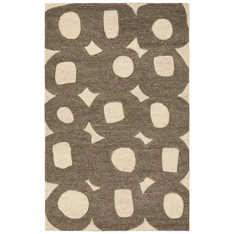 The Retro Wool Hi-Lo Rug 9'6"X13'6" features a modern, geometric abstract pattern of large, rounded grayish-brown shapes overlapping on a beige background, combining irregular organic forms with contemporary style.