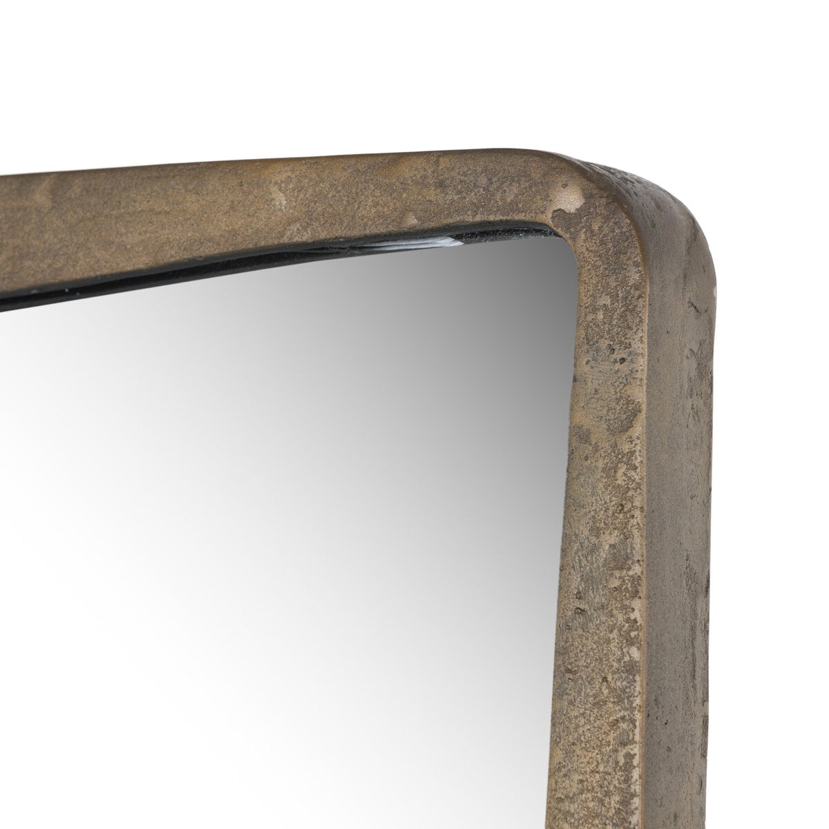 Close-up of the top right corner of the Regis Floor Mirror, featuring a thick, rustic, weathered metallic frame against a white background; overall dimensions are 32.00"w x 2.00"d x 80.00"h.