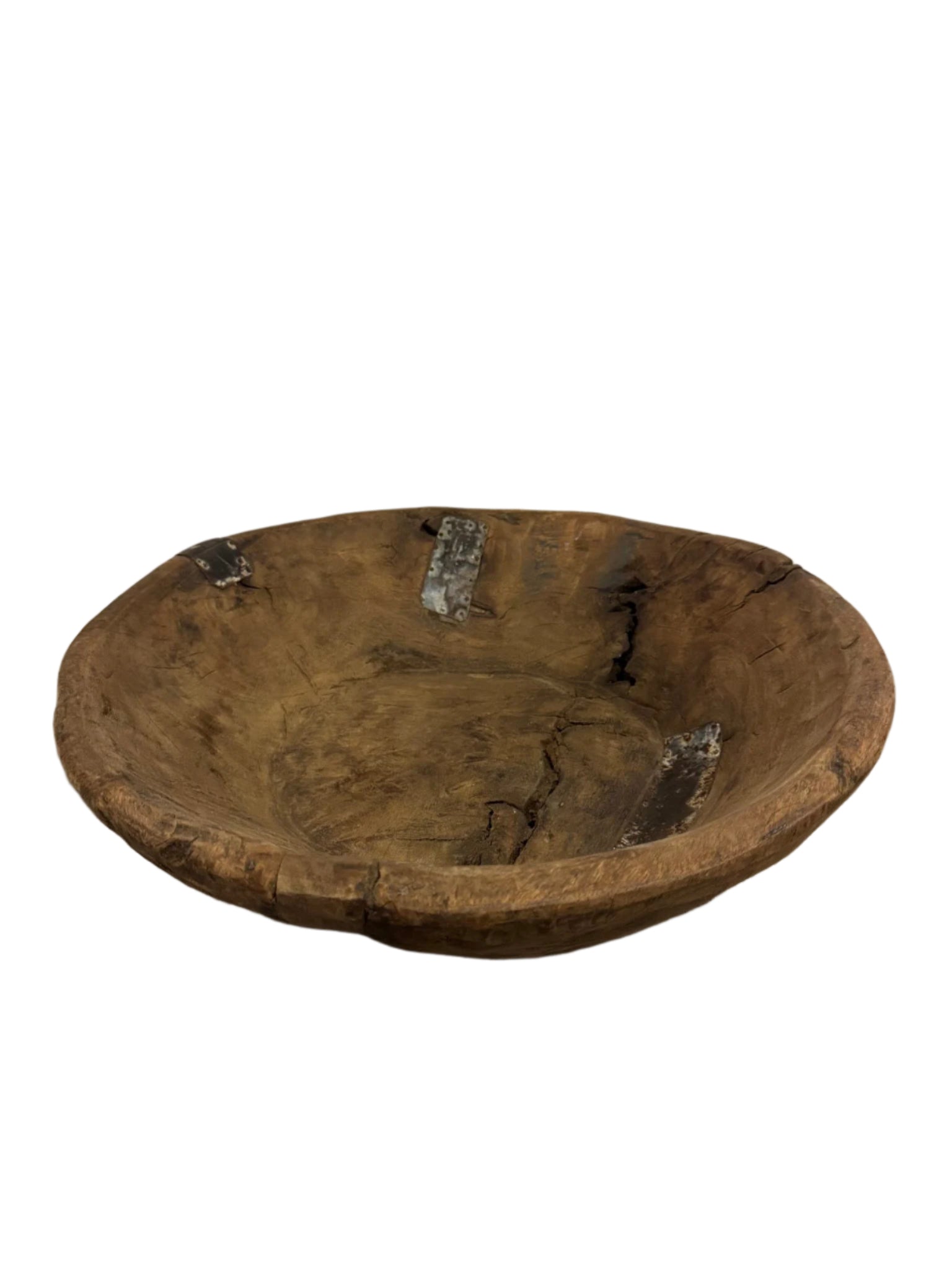 The Natural Wood & Metal Trim Platter is a shallow, round serving piece with visible cracks and metal accents, creating a rustic, weathered look. Displayed on a white background.