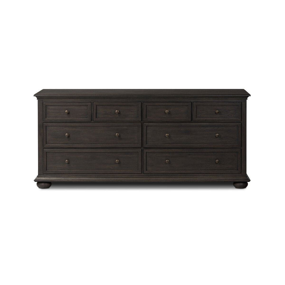 The Geoffrey Wide Dresser is a dark brown wooden piece with nine drawers, round handles, classic rectangular design, short rounded feet, and overall dimensions of 32.25" high by 72" wide.