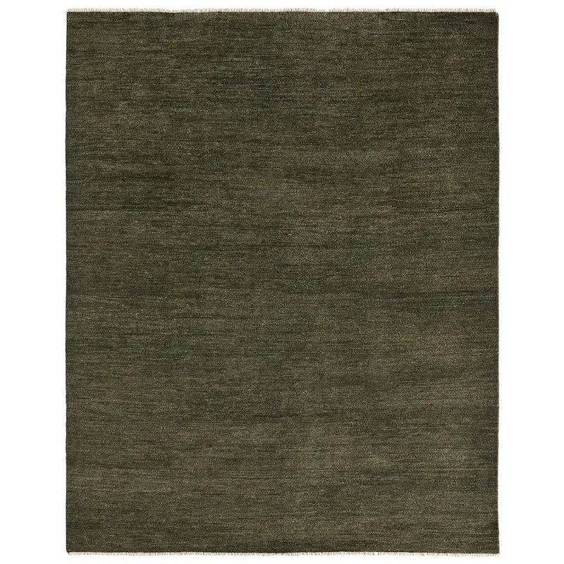 The Dark Green Hand Knotted Wool 6x9 Rug features a rectangular shape, rich dark olive green color, and a subtly uneven texture with a simple solid design.