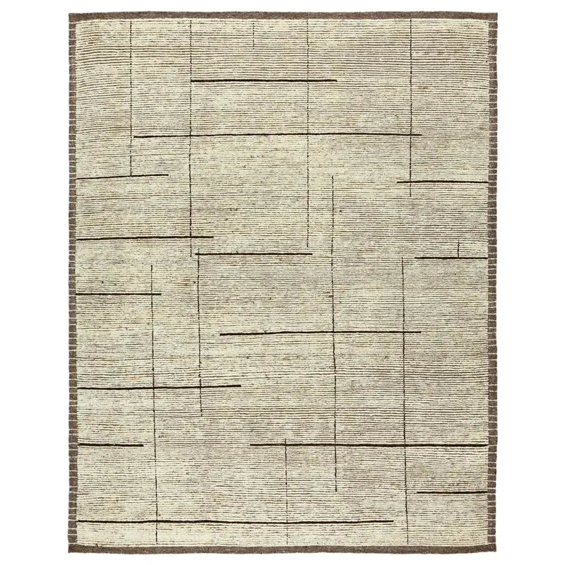 The Textural Natural Brown-Cream Rug features a beige background with thin, uneven brown lines forming an abstract geometric pattern and is framed by a darker brown border.