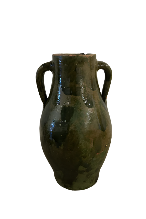 The Green Ceramic Glaze Vase features two handles, a rounded body, and a narrow neck. It is photographed against a white background and measures 9"W x 17"H.
