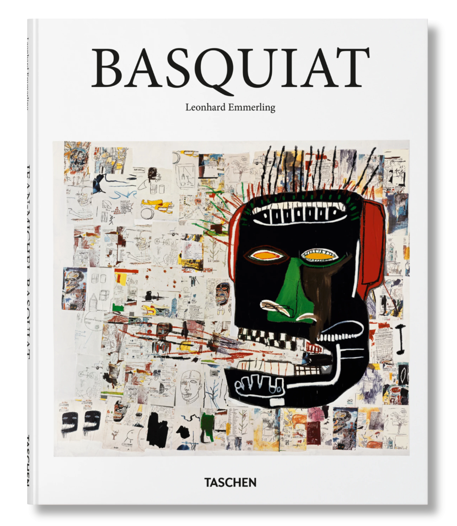A bold art book cover for Basquiat (Basic Art Edition), showcasing Jean-Michel Basquiat’s vivid portrait—dynamic lines, bright colors, and energetic forms that echo his iconic social commentary.