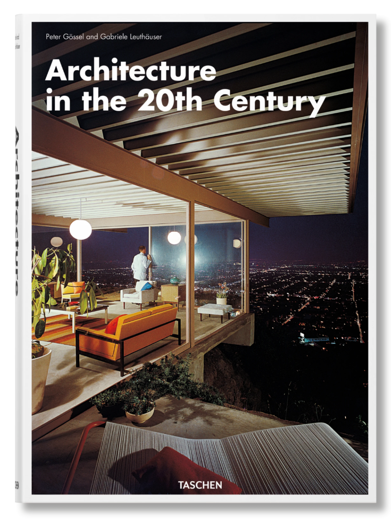 The book cover for Architecture in the 20th Century showcases stunning nighttime photography of a modern glass house on a hillside, furnished with mid-century pieces and featuring a person by the window overlooking the city.