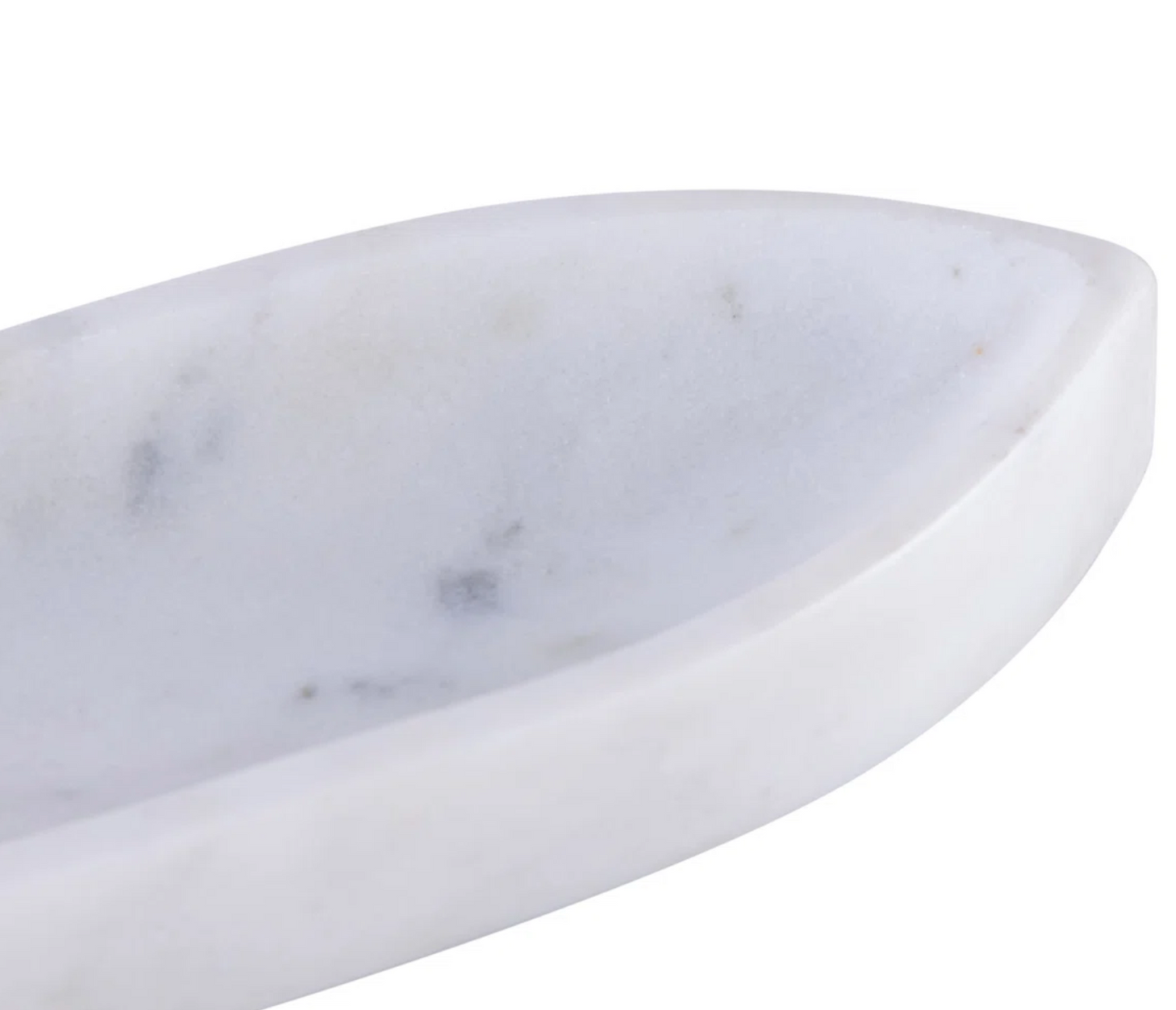 A close-up of the Marble Boat Shape Platter, a white oval serving dish with subtle gray veining, set against a plain background.