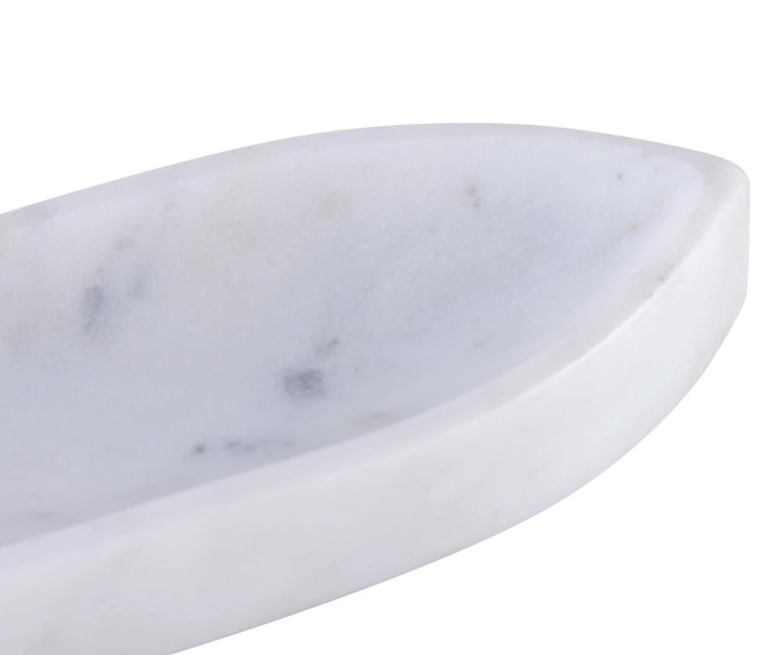 A close-up of the Marble Boat Shape Platter, a white oval serving dish with subtle gray veining, set against a plain background.