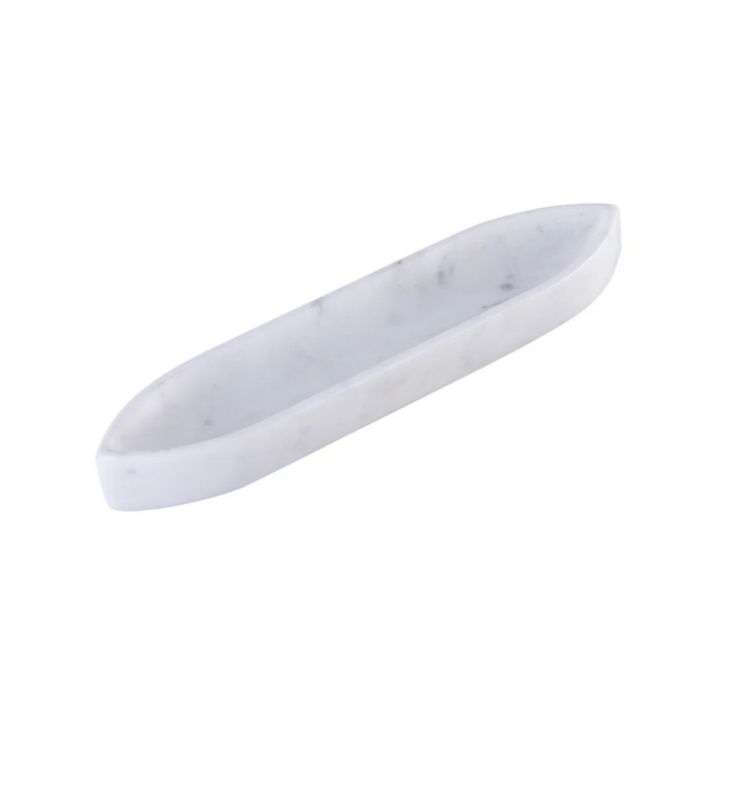 The Marble Boat Shape Platter is a white marble serving dish with smooth edges and a boat-like design, shown against a plain white background.