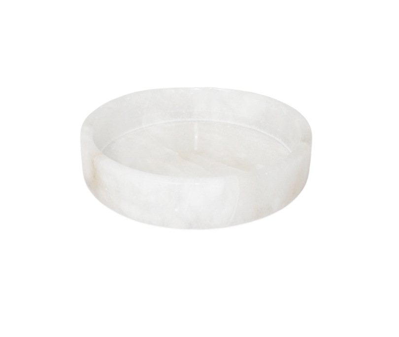 The Small Alabaster Round Tray features a smooth, polished white stone surface, making it an elegant serving accessory or kitchen decor piece. Photographed against a plain white background.