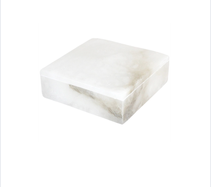 The Large Alabaster Square Box features a square white design with slightly rounded edges and subtle gray veining, combining traditional and modern European style. Displayed against a plain white background.