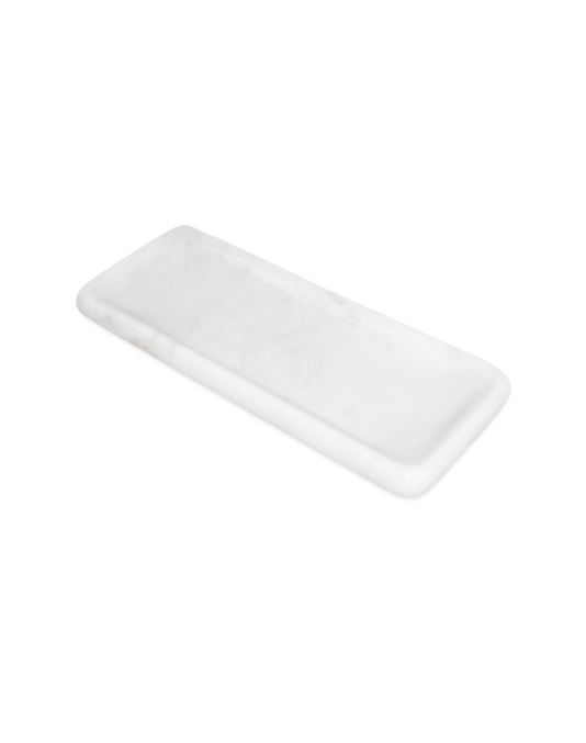 The Large White Marble Round Edged Tray is displayed against a simple white background, ideal for use as a stylish decorative serving tray in your kitchen.