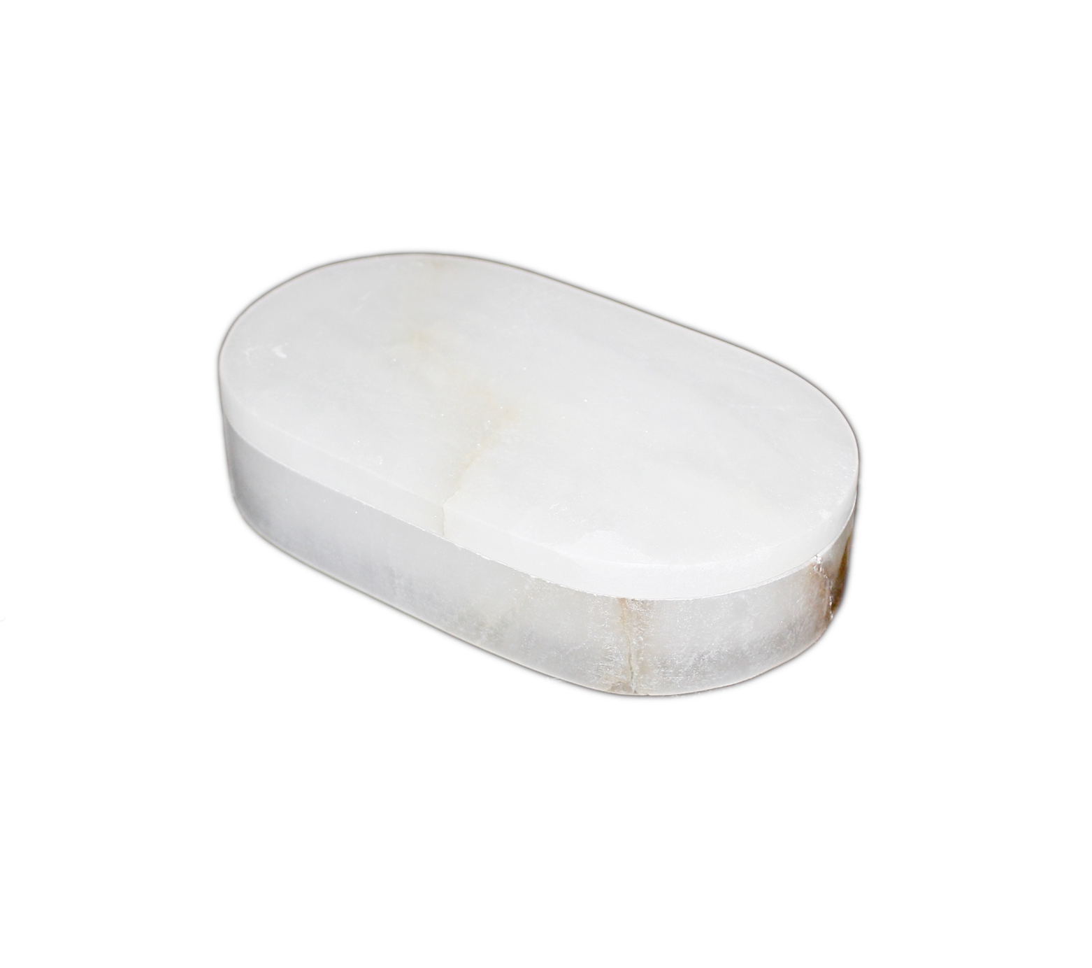The Medium White Alabaster Oval Box features a white, oval design with slightly translucent edges and faint brown markings near the base—ideal as an accent piece or for display in a decorative box, shown isolated on a white background.