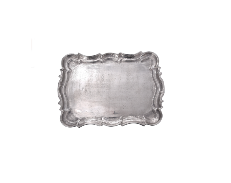 The Rectangular Baroque Tray features ornate, scalloped edges and decorative corners, displayed against a plain white background.