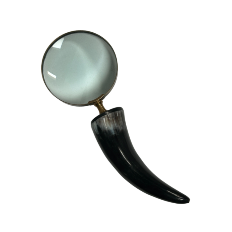 The Horn Handle Magnifying Glass features an optical glass lens and a black, curved handle resembling natural horn, displayed against a white background.