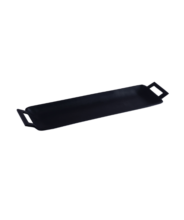 The Narrow Black Serving Tray is a rectangular aluminum tray with a sleek black finish and handles on both ends, shown against a white background.