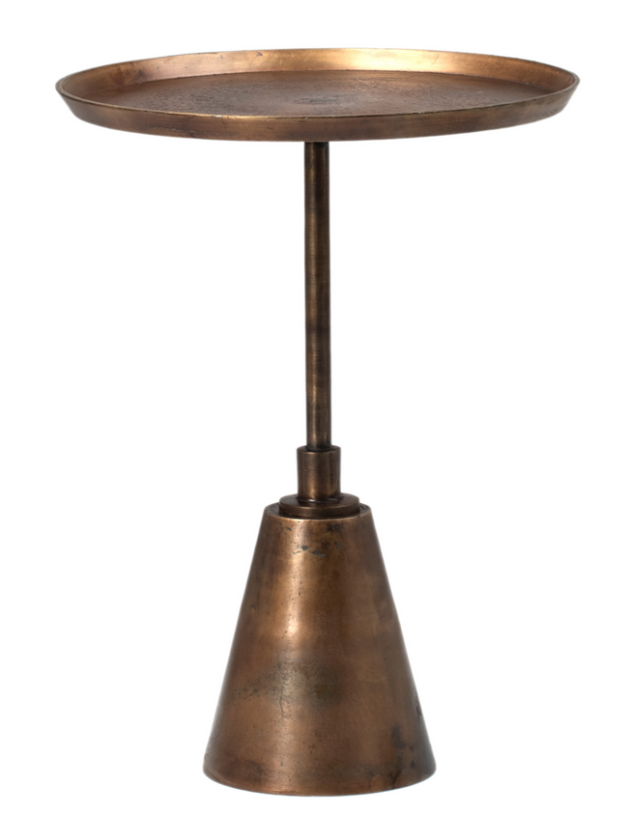 The Oil Brass Vintage Side Table features a small, round, cast aluminum design with a shallow tray top, slender central stem, and conical base in a vintage-inspired oil brass finish.
