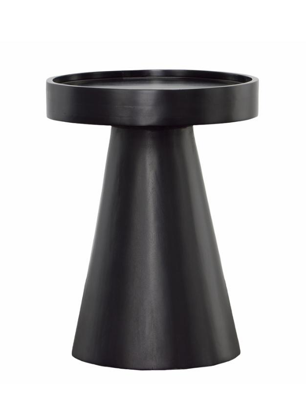 The Sandblasted Tulip Side Table, made from Mango wood with a black sandblasted finish, features a round top and wide conical base, shown against a white background.
