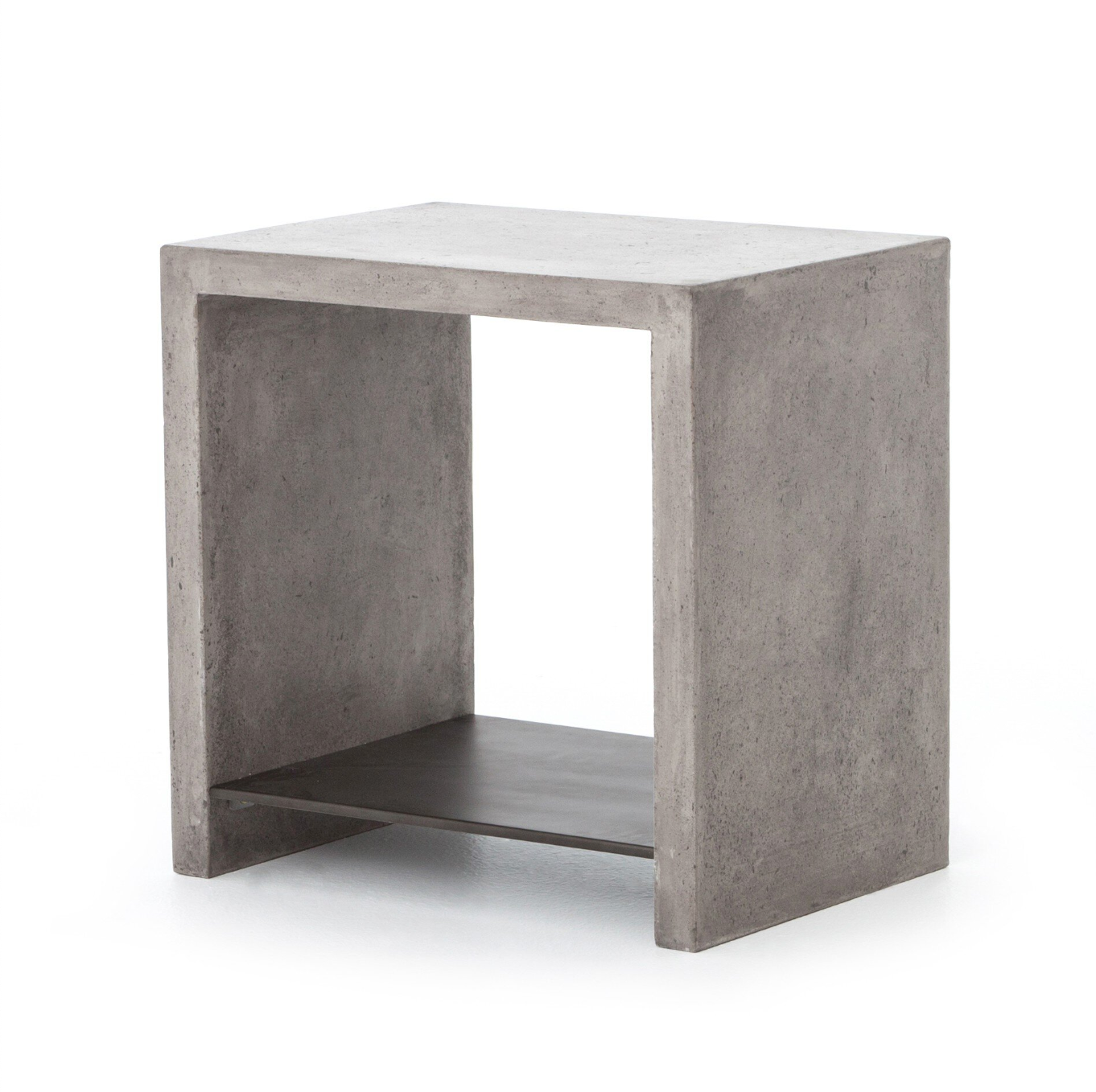 The Square Concrete End Table features a modern, minimalist design with a rectangular gray concrete form, an open center, and an antique black iron shelf—blending concrete and metal for a timeless, sleek look.