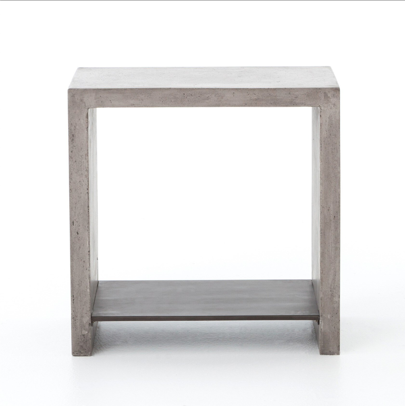 The Square Concrete End Table has a minimalist, modern industrial design with gray concrete and antique black metal, plus a lower shelf. Its concrete and iron elements are photographed against a plain white background.