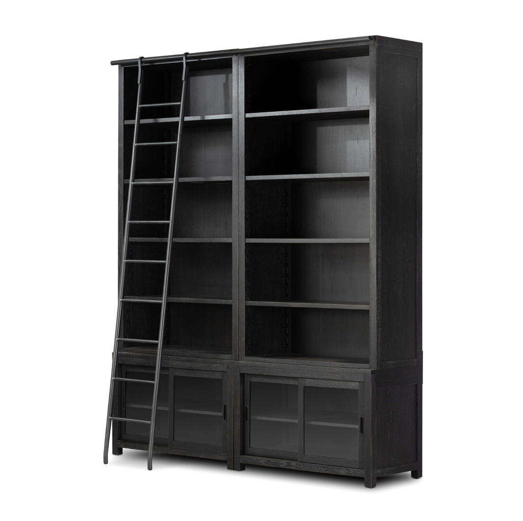 Double Black Oak Bookcase with Ladder